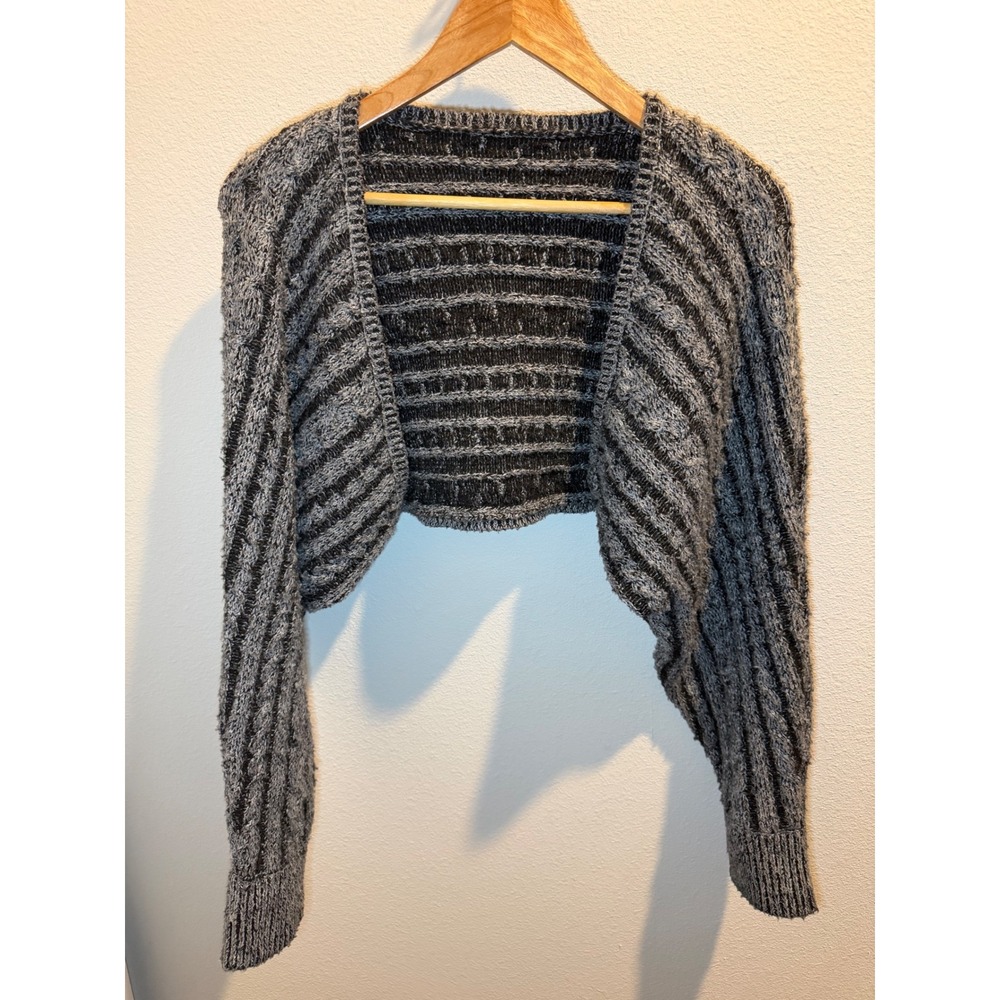Cropped Cable Knit Shrug Bolero Cardigan Black Gray Striped Open Front Sweater